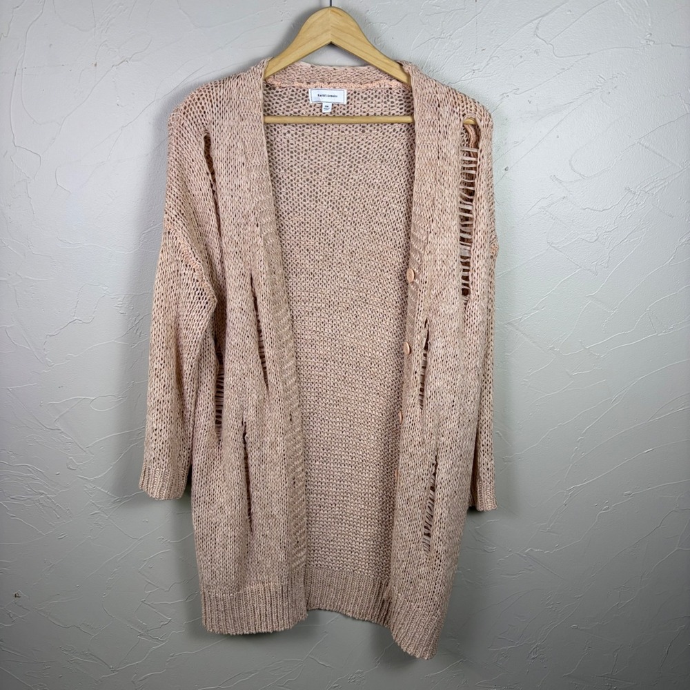 Kayla's Armoire Cardigan Pink Sweater S/M Distressed Open Knit‎ Boho Longline
